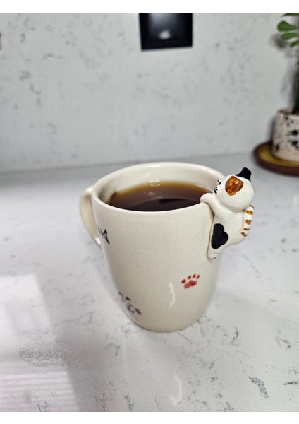 Seramik El Yapımı Kedi Figürlü Kupa, Balık Desenli, Minimalist, Benzersiz Tasarım, Özel Hediyelik Mug Özel Tasarım