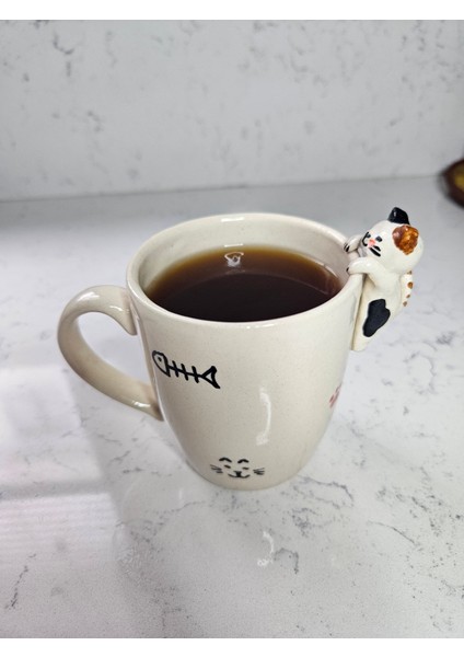 Seramik El Yapımı Kedi Figürlü Kupa, Balık Desenli, Minimalist, Benzersiz Tasarım, Özel Hediyelik Mug Özel Tasarım