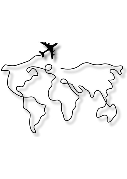 Metal Duvar Dekorasyonu Dünya Haritası Uçaklı (World Map With Plane) Metal Duvar Tablosu Harita