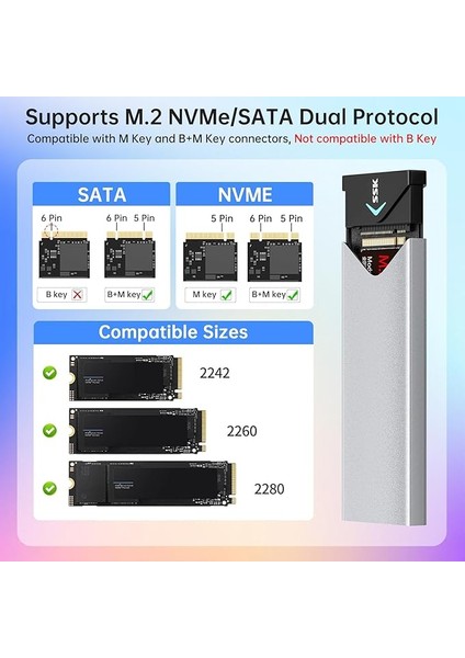 Alüminyum M.2 Nvme Sata SSD Muhafaza Adaptörü, USB 3.2 Gen 2 (10 Gbps)