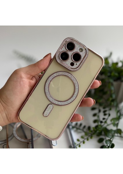 Simli Magsafe Silikon Apple iPhone 12 Kılıf Rose Gold