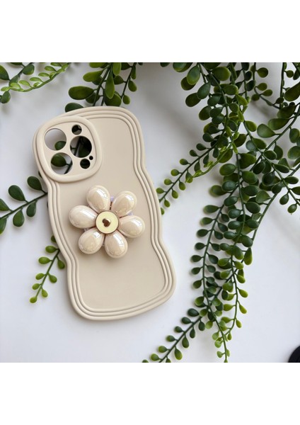 Pop Socket Telefon Tutuculu Çift Şekilde Kullanılan Apple iPhone 14 Kılıf Krem