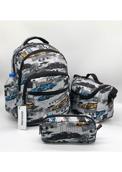 Erkek Çocuğu Ilkokul Çantası Araba Desenli 3'li Takım Ilk Okul Çantası Gri