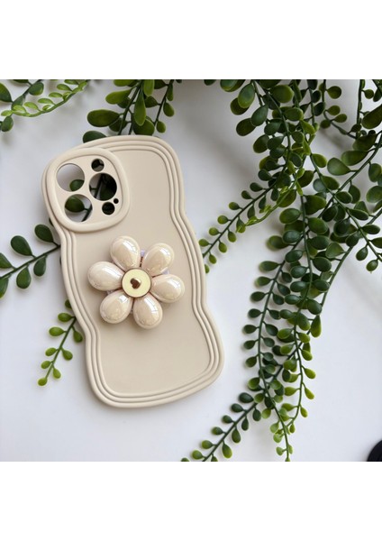 Pop Socket Telefon Tutuculu Çift Şekilde Kullanılan Iphone 15 Kılıf Krem