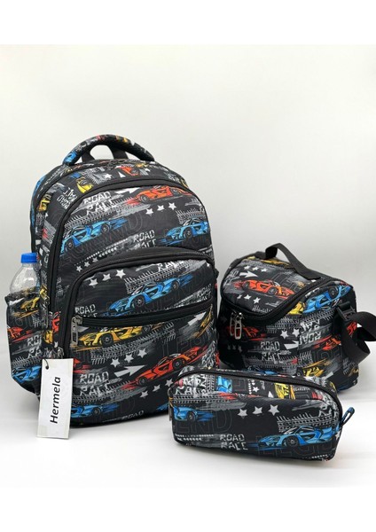 Erkek Çocuğu Ilkokul Çantası Araba Desenli 3'li Takım Ilk Okul Çantası Siyah