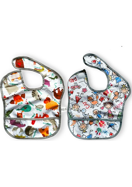 , 2 Adet, Ekonomik Set, 6-24AY, Zoo ve Family Desen, Sıvı Geçirmeyen, Cepli, Cırtlı Mama Önlüğü, Önlük