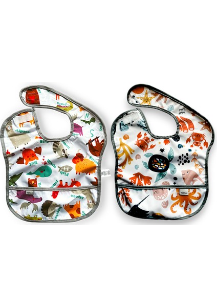 , 2 Adet, Ekonomik Set, 6-24AY, Zoo ve Sea Desen, Sıvı Geçirmeyen, Cepli, Cırtlı Mama Önlüğü, Önlük