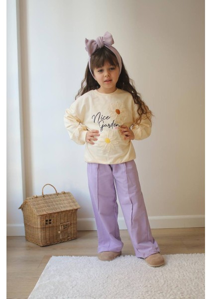 Papatya Nakış Detaylı Eşofman-Sweatshirt 2 Iplik Mevsimlik Kız Çocuk Takım