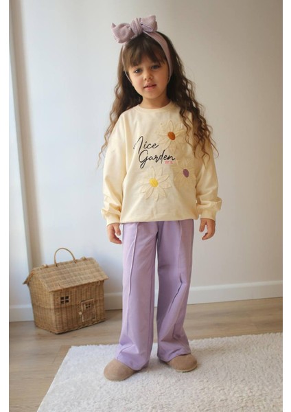 Papatya Nakış Detaylı Eşofman-Sweatshirt 2 Iplik Mevsimlik Kız Çocuk Takım modelleri