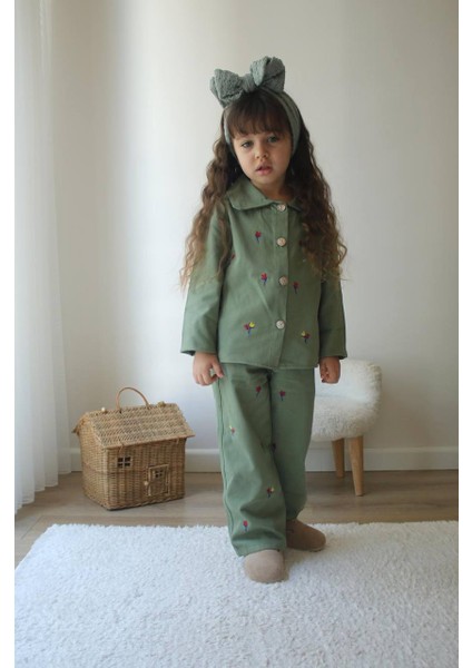 Gabardin Kumaş Pantolon - Nakışlı Gömlek 2 Li Kız Çocuk Takım