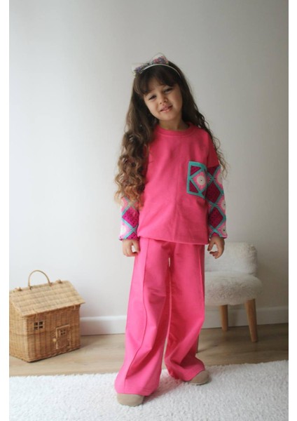 Motif Kol Örgü Desenli Eşofman-Sweatshirt 2 Iplik Mevsimlik Kız Çocuk Takım