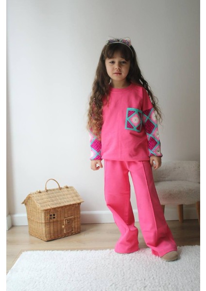 Motif Kol Örgü Desenli Eşofman-Sweatshirt 2 Iplik Mevsimlik Kız Çocuk Takım fiyatları