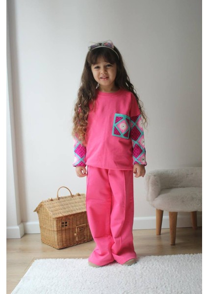 Motif Kol Örgü Desenli Eşofman-Sweatshirt 2 Iplik Mevsimlik Kız Çocuk Takım modelleri