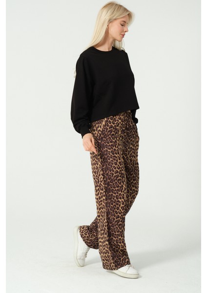 Leopar Desenli Beli Lastikli Pantolon