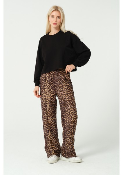 Leopar Desenli Beli Lastikli Pantolon