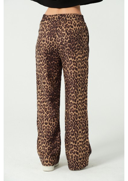 Leopar Desenli Beli Lastikli Pantolon