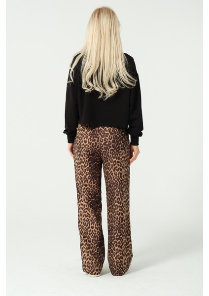 Leopar Desenli Beli Lastikli Pantolon