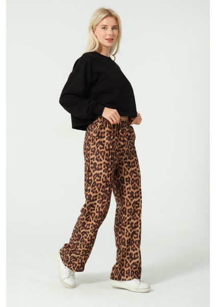 Leopar Desenli Beli Lastikli Pantolon