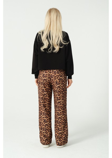 Leopar Desenli Beli Lastikli Pantolon