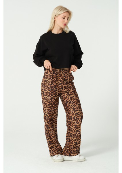 Leopar Desenli Beli Lastikli Pantolon