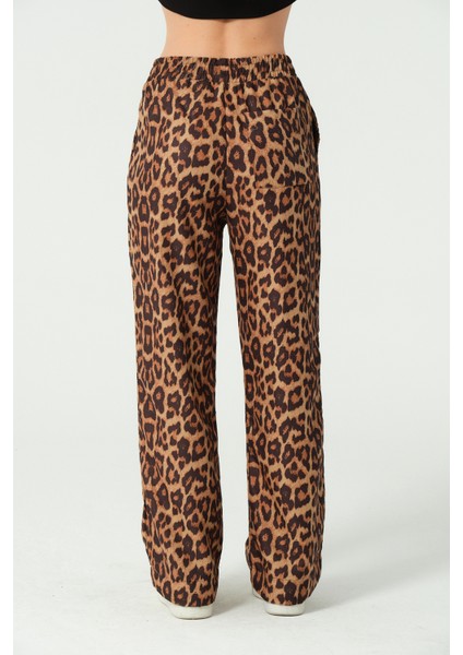 Leopar Desenli Beli Lastikli Pantolon
