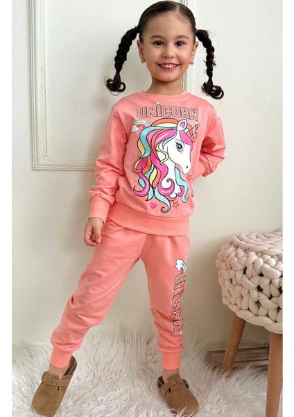 Pjk2i Unicorn Desenli Somon 2 Ip Pamuk Kız Çocuk Eşofman Takımı 3-10 Yaş 7447-S