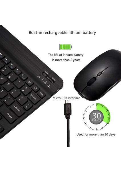 Acer Iconia Tab P10 10.4" Uyumlu Kablosuz Bluetooth Şarjlı Klavye ve Şarjlı Mouse Seti - Siyah