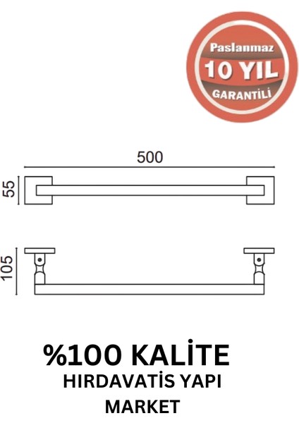 Paslanmaz Pirinç Kumru Kare Boru Uzun Havluluk 50CM Mat Siyah fiyatları