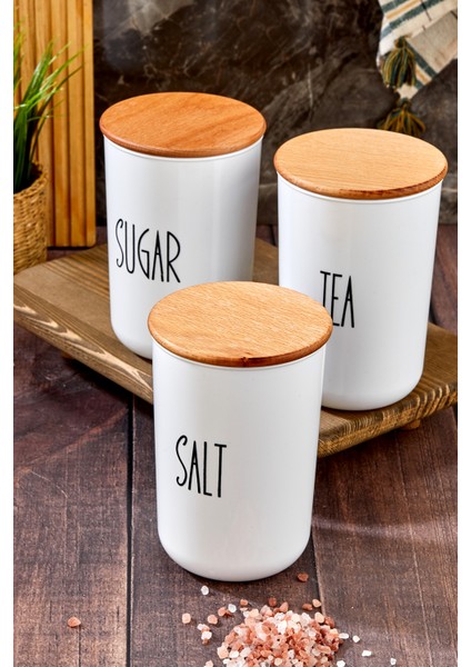 3'lü Ahşap Vakum Kapaklı Transfer Etiketli Tea/sugar/salt Akrilik Kavanoz 900ML