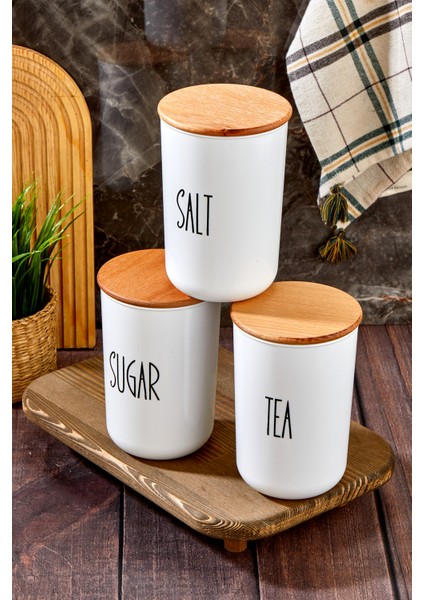 3'lü Ahşap Vakum Kapaklı Transfer Etiketli Tea/sugar/salt Akrilik Kavanoz 900ML
