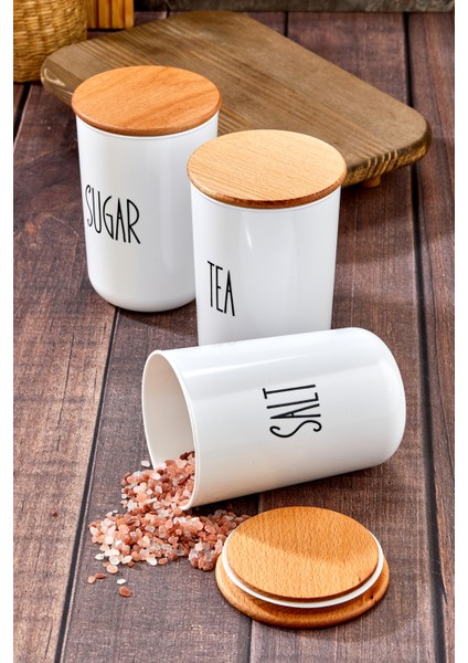 3'lü Ahşap Vakum Kapaklı Transfer Etiketli Tea/sugar/salt Akrilik Kavanoz 900ML
