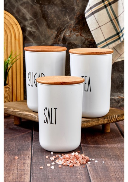 3'lü Ahşap Vakum Kapaklı Transfer Etiketli Tea/sugar/salt Akrilik Kavanoz 900ML