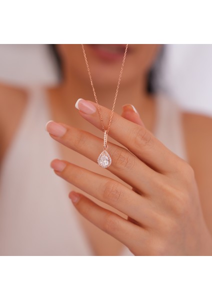 925 Ayar Rose Kaplama Damla Zirkon Taşlı Gümüş Kolye