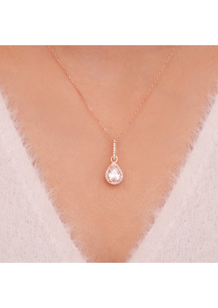 925 Ayar Rose Kaplama Damla Zirkon Taşlı Gümüş Kolye fiyatları