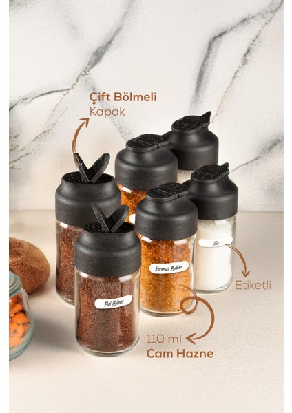 6'lı Çift Kapaklı Cam Baharatlık Seti 110 ml fırsatları
