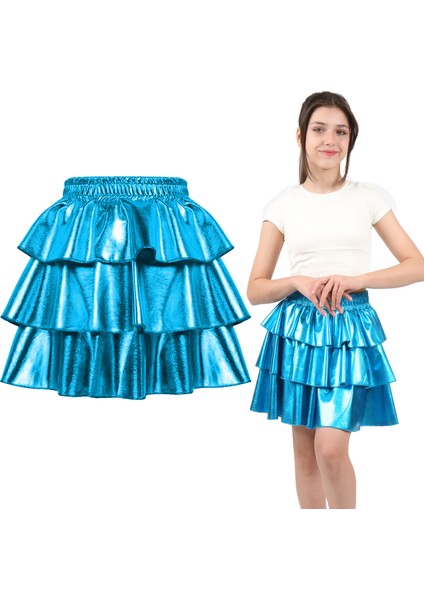 Kız Çocuk Beli Lastikli Metalik Parlak Işıltılı 3 Katlı Fırfırlı Etek