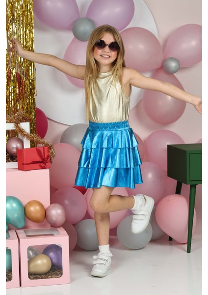 Kız Çocuk Beli Lastikli Metalik Parlak Işıltılı 3 Katlı Fırfırlı Etek fiyatları