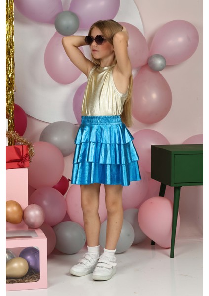 Kız Çocuk Beli Lastikli Metalik Parlak Işıltılı 3 Katlı Fırfırlı Etek modelleri