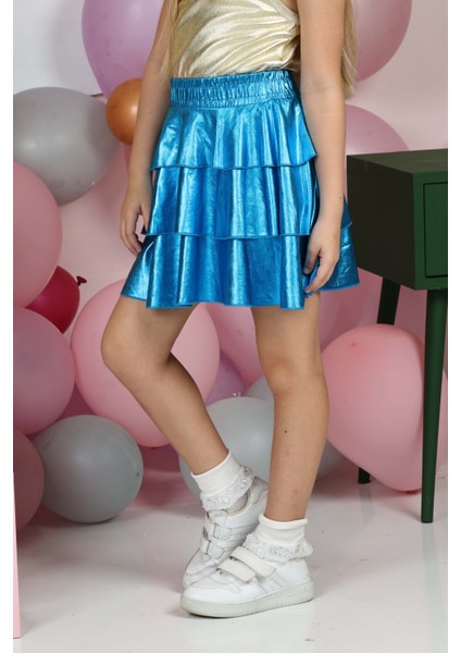 Kız Çocuk Beli Lastikli Metalik Parlak Işıltılı 3 Katlı Fırfırlı Etek fırsatları