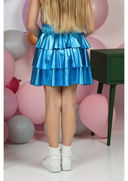 Kız Çocuk Beli Lastikli Metalik Parlak Işıltılı 3 Katlı Fırfırlı Etek indirimleri