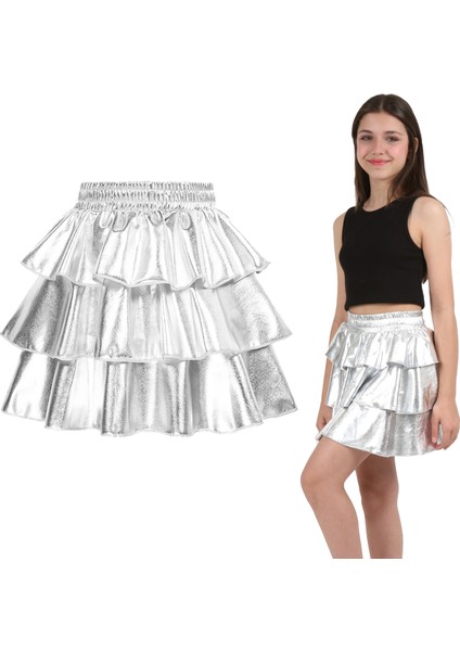Kız Çocuk Beli Lastikli Metalik Parlak Işıltılı 3 Katlı Fırfırlı Etek