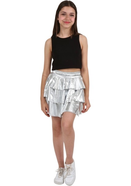 Kız Çocuk Beli Lastikli Metalik Parlak Işıltılı 3 Katlı Fırfırlı Etek fiyatları