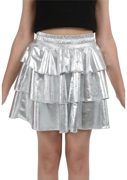 Kız Çocuk Beli Lastikli Metalik Parlak Işıltılı 3 Katlı Fırfırlı Etek modelleri