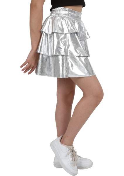 Kız Çocuk Beli Lastikli Metalik Parlak Işıltılı 3 Katlı Fırfırlı Etek fırsatları