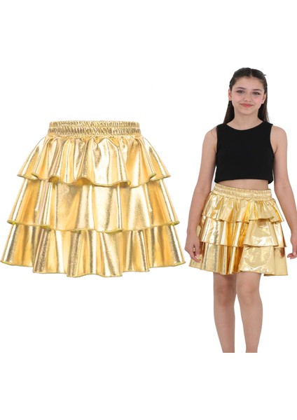 Kız Çocuk Beli Lastikli Metalik Parlak Işıltılı 3 Katlı Fırfırlı Etek