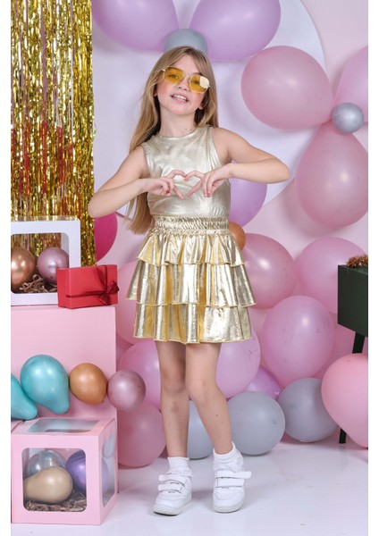 Kız Çocuk Beli Lastikli Metalik Parlak Işıltılı 3 Katlı Fırfırlı Etek fiyatları