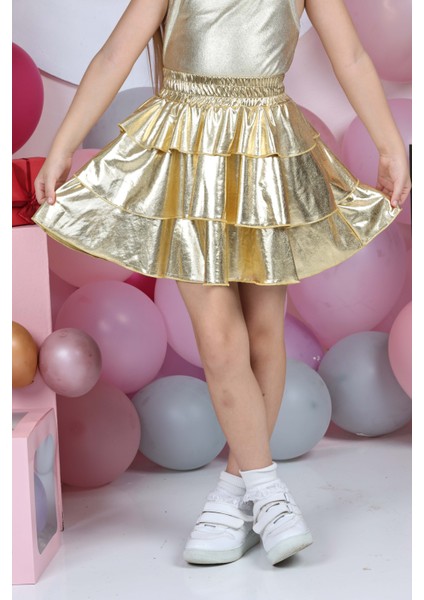 Kız Çocuk Beli Lastikli Metalik Parlak Işıltılı 3 Katlı Fırfırlı Etek modelleri
