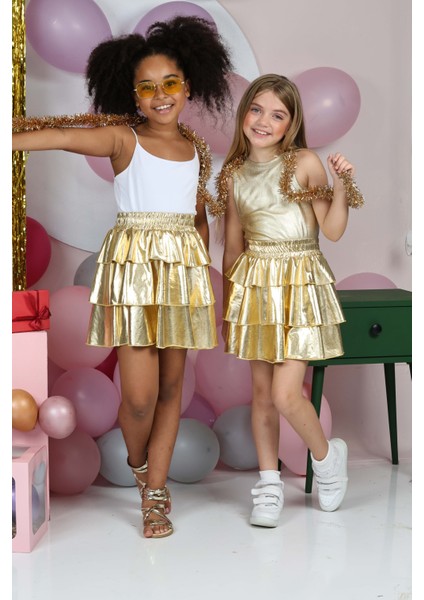 Kız Çocuk Beli Lastikli Metalik Parlak Işıltılı 3 Katlı Fırfırlı Etek fırsatları