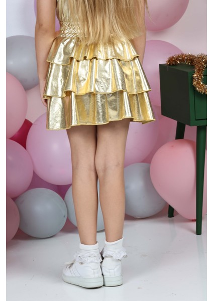 Kız Çocuk Beli Lastikli Metalik Parlak Işıltılı 3 Katlı Fırfırlı Etek indirimleri