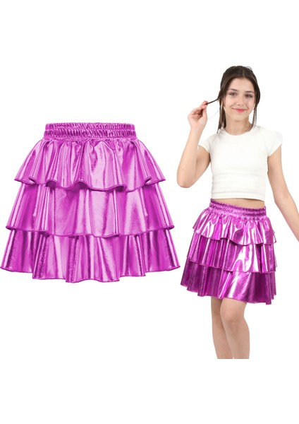 Kız Çocuk Beli Lastikli Metalik Parlak Işıltılı 3 Katlı Fırfırlı Etek